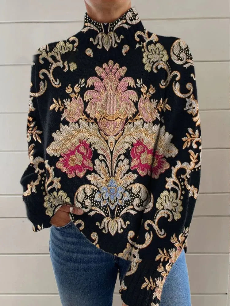 Black line 3D pattern printed turtleneck sweater with loose fit and regular sleeves