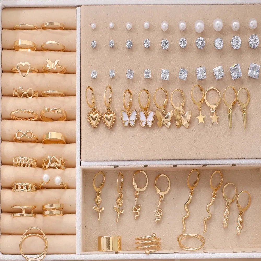 108-piece set of gold and yellow geometric round alloy earrings for women.