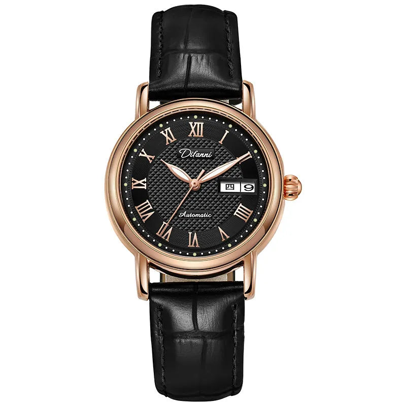 Women's automatic mechanical watch with steel case and choice of steel bracelet or coloured leather strap.