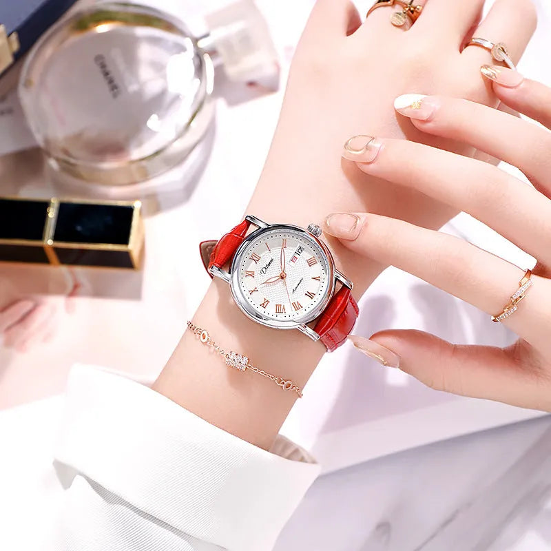 Women's automatic mechanical watch with steel case and choice of steel bracelet or coloured leather strap.