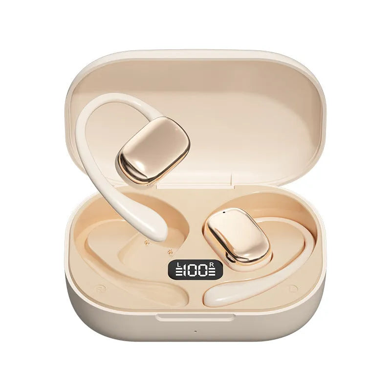 Ear-mounted wireless headphones with digital display screen in black colour option