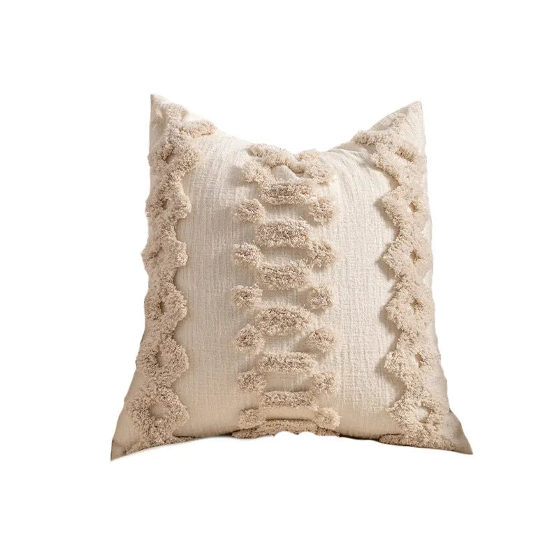 Knitted decorative cushion cover with tassel fringe in spiral dots pattern showing 45x45cm size