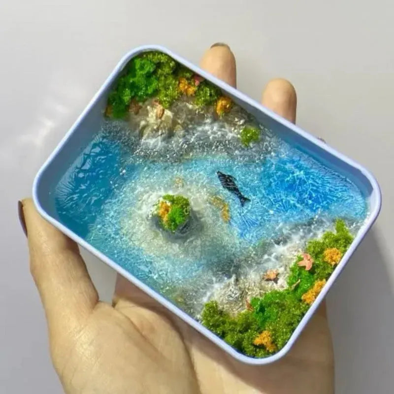 DIY bamboo marine landscape model ornament kit showing materials and example finished design.