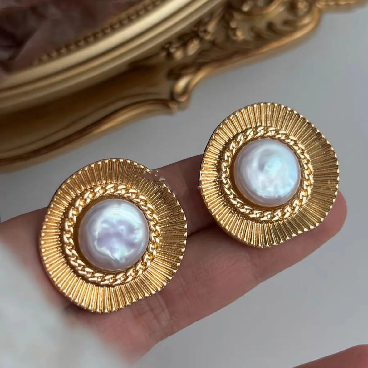 Gold round French retro style metal earrings for women with electroplated finish