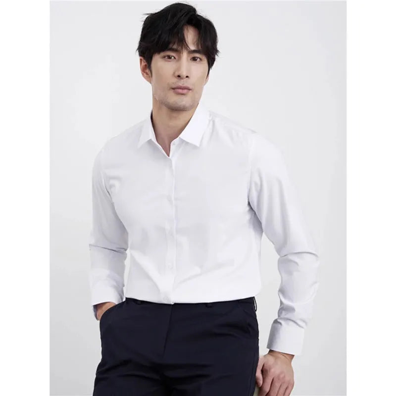 Men's wine red slim fit long sleeve shirt with non-iron fabric on a hanger