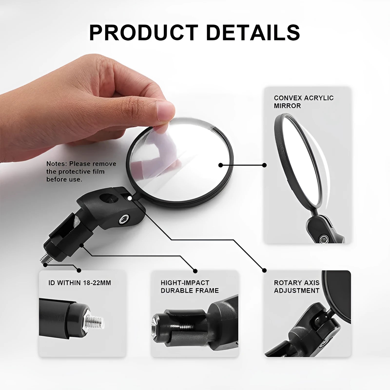 Foldable convex ABS bicycle rearview mirror for mountain and highway cycling safety