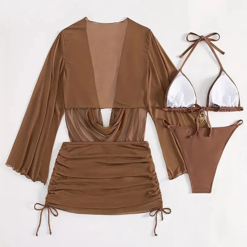 Dark brown women's lace-up bikini swimsuit set with sleeveless blouse and briefs.