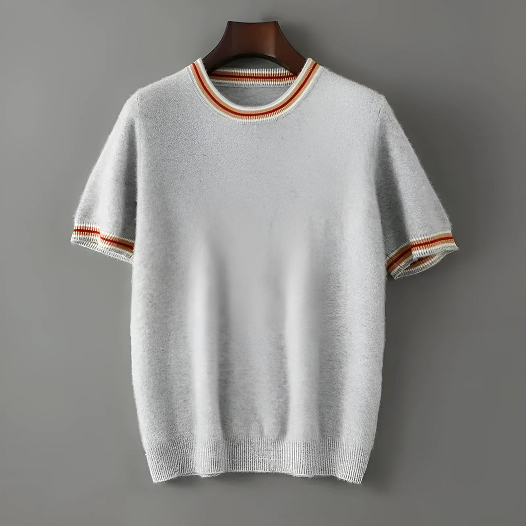Men's short sleeve round neck wool sweater in grey on a hanger