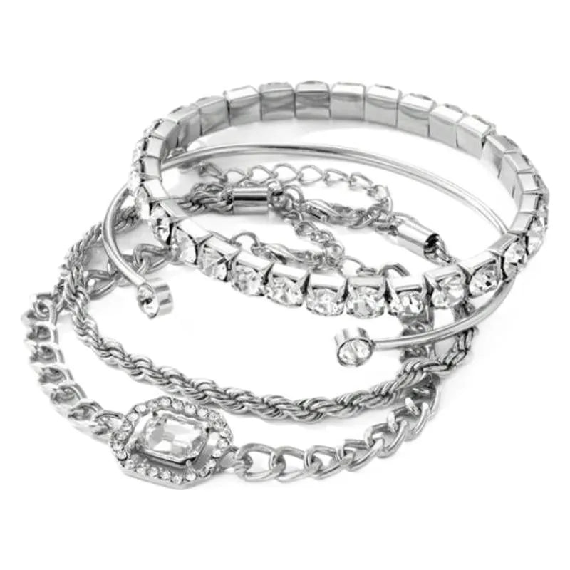 Women's retro geometric jewellery four-piece set with square diamond links in gold and silver options