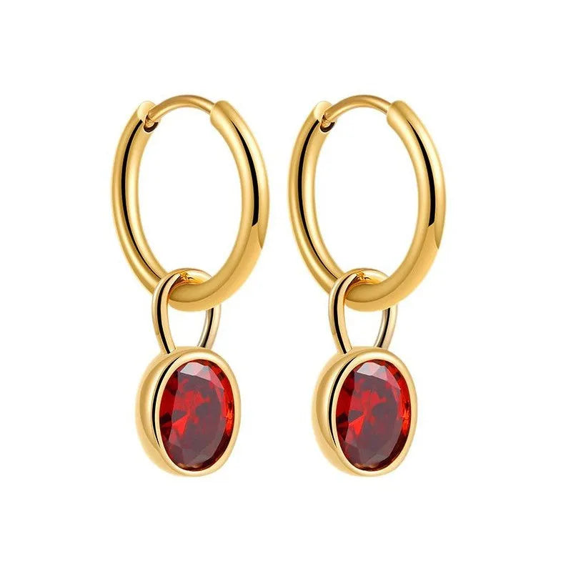 Close-up of women's simple oval zircon stud earrings in copper, showing army green and emerald colour options on a white background.