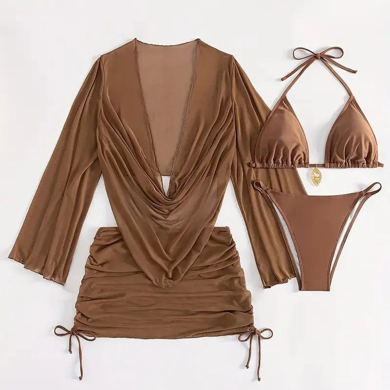 Dark brown women's lace-up bikini swimsuit set with sleeveless blouse and briefs.