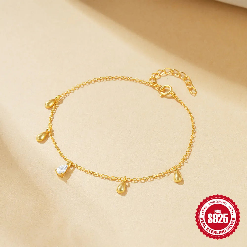 Gold colour 925 sterling silver bracelet with water drop diamond pendant for women