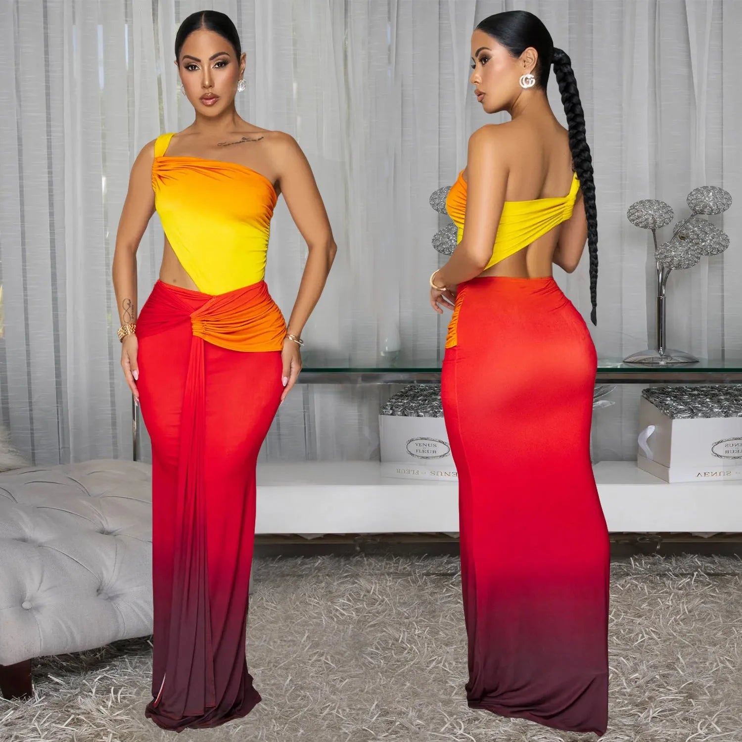 Women's gradient colour long skirt dress with asymmetric cross-shoulder design