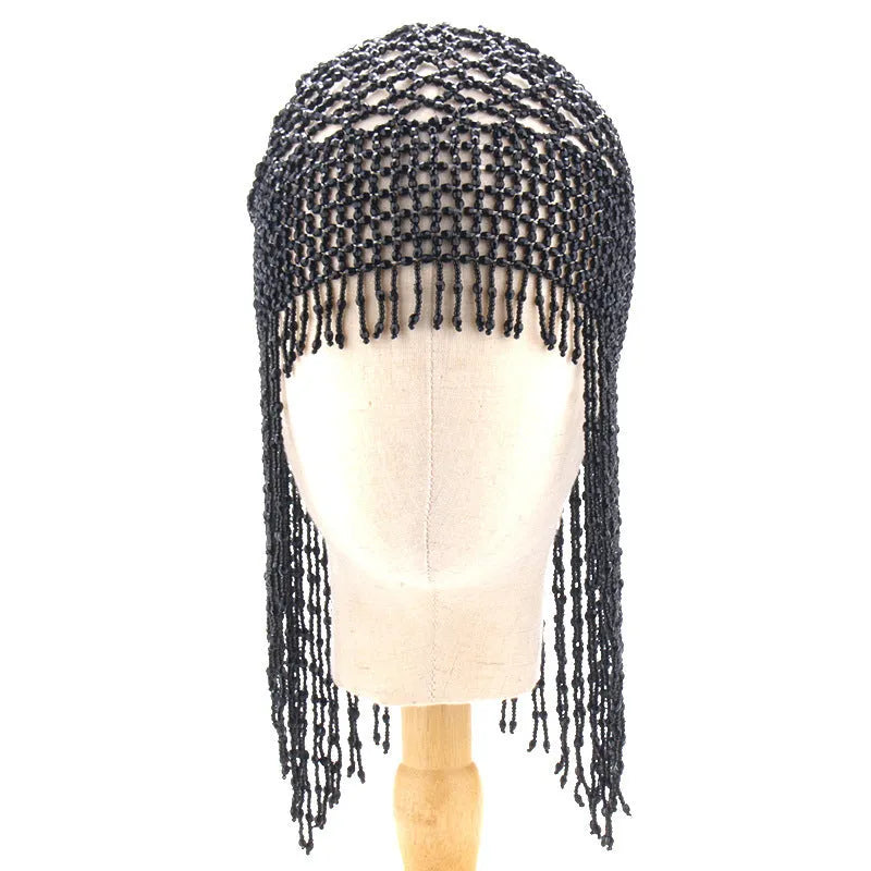 Handmade beaded belly dance hat hair ornament with decorative mesh and tassel in silver or black
