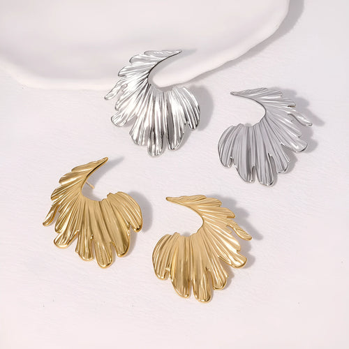 Leaf-shaped alloy earrings with stainless steel construction in gold or steel electroplated finish