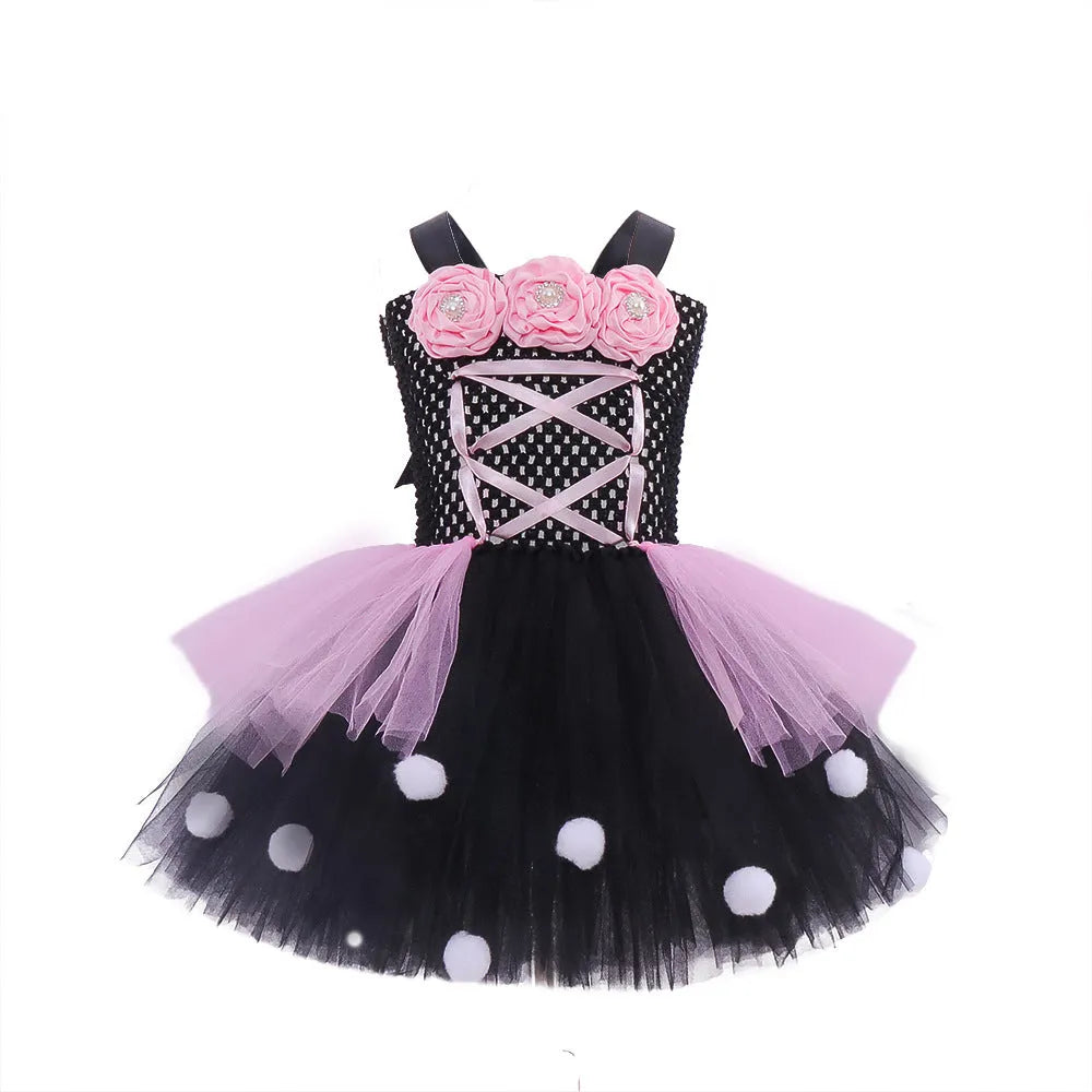 Little Witch flower mesh children's ballet tutu dress set in pink and black with accessories