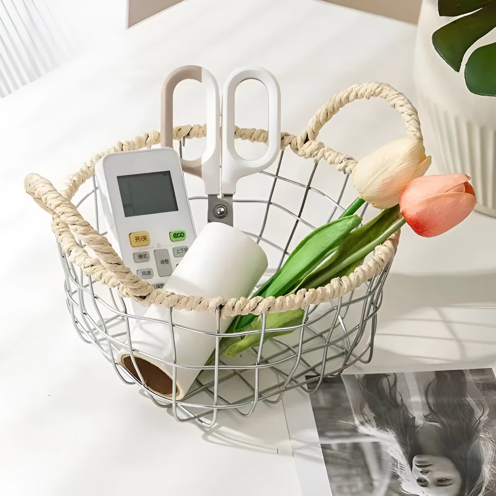 Iron wire woven storage basket with binaural ear handles for fruit and sundries in ins style