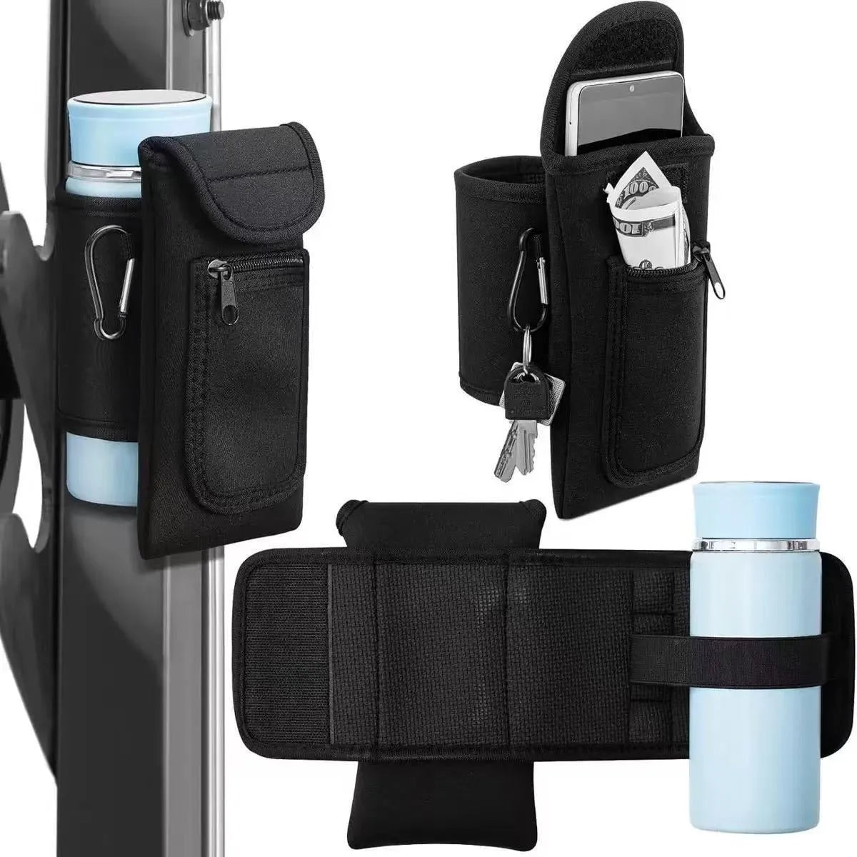 Fitness magnetic cup sleeve in various colours showing magnetic and carabiner closure styles