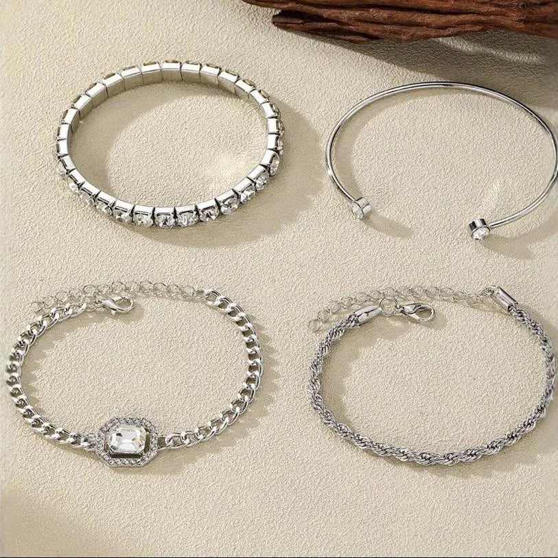 Women's retro geometric jewellery four-piece set with square diamond links in gold and silver options