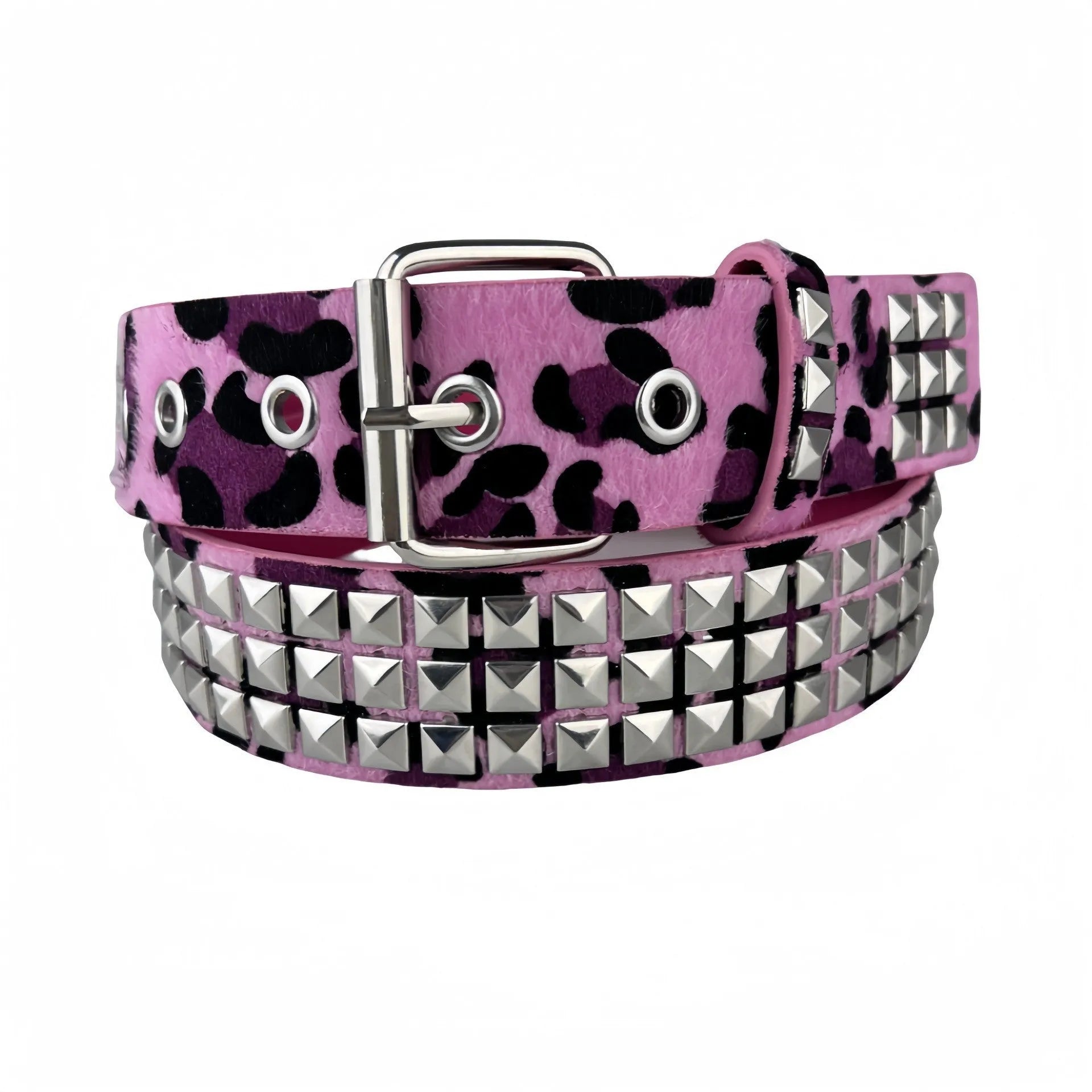 Women's punk belt with metal rivets and animal print pyramid pattern on PU leather strap