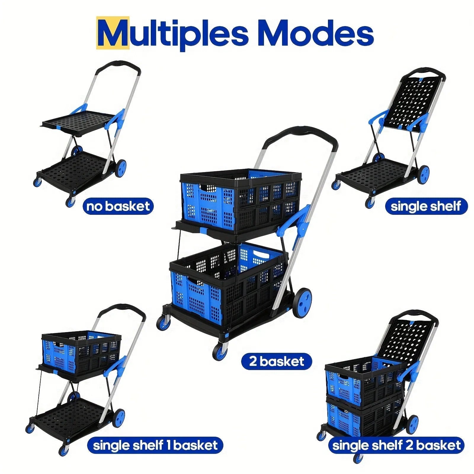 Blue foldable shopping trolley with double plastic baskets and wheels, shown with handle extended.
