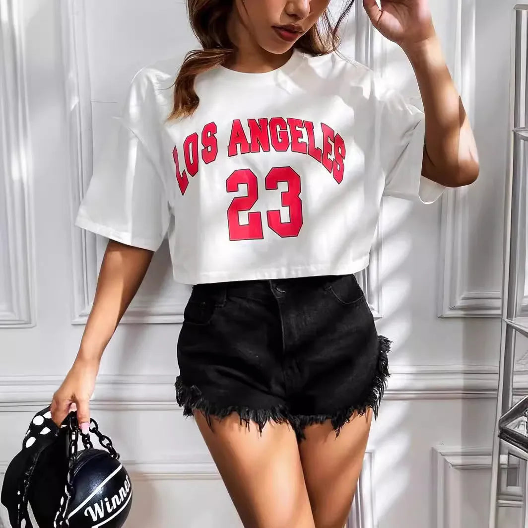 Women's loose black cotton t-shirt with white printed English letters and an exposed navel design.