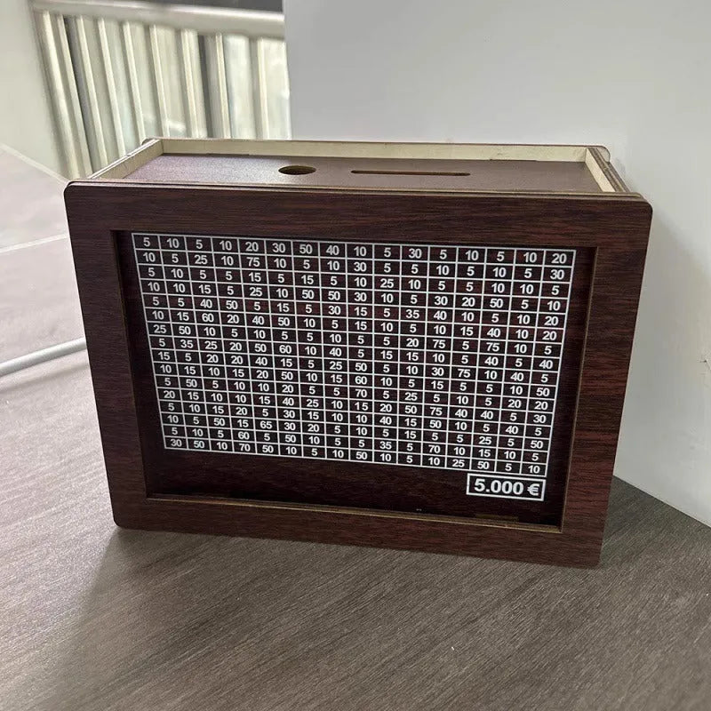Wooden digital coin bank with retro design showing currency library styling