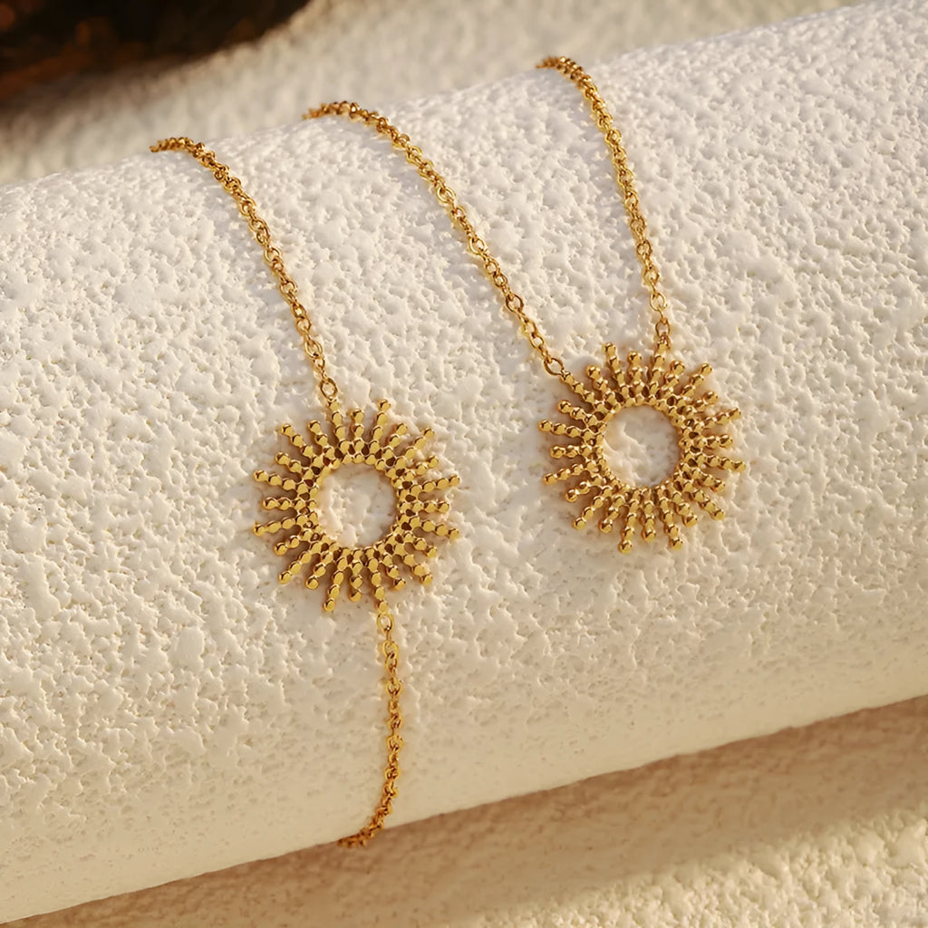 Sunflower Series 14K gold geometric chain necklace and bracelet set for women