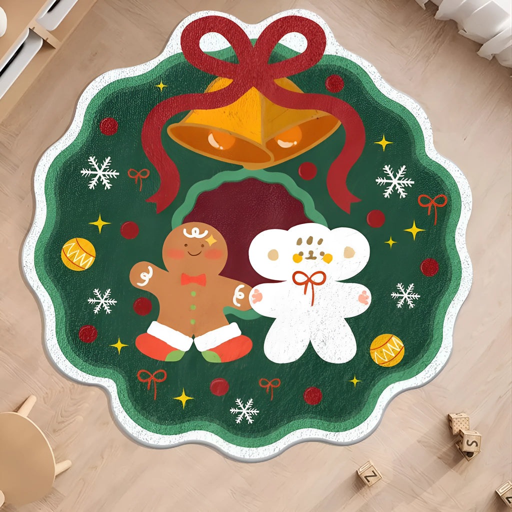 A round alien-shaped Christmas floor mat in imitation cashmere, shown in a festive colour pattern.