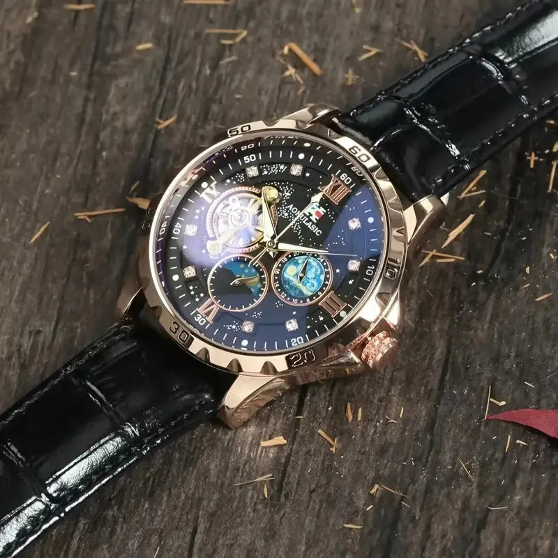 Men's automatic skeleton watch with black dial, rose gold case, and brown leather strap on wrist.