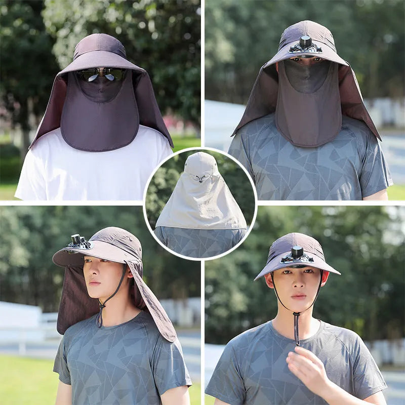 Man's khaki sun hat with wide brim, neck cover, and a visible USB fan module on the front.