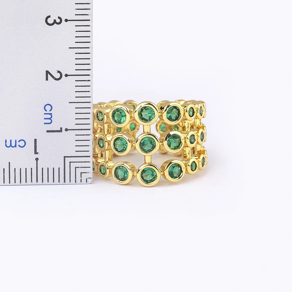 Gold plated copper three-layer ring with green colour and zircon detailing