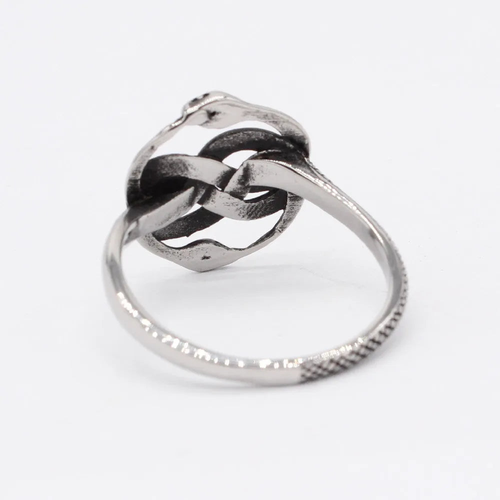 Close-up of a retro double snake coil ring in steel colour titanium steel on a model's hand.