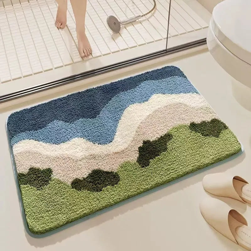 Square rainbow print floor mat with blue tones and a plastic anti-slip backing on a wooden floor.
