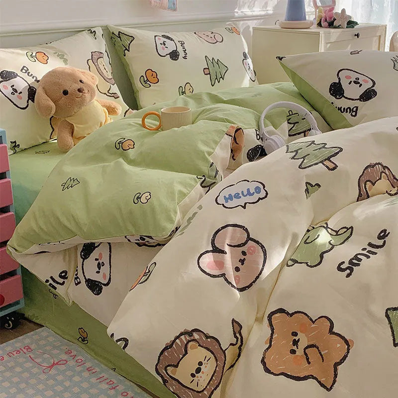 Cartoon dog pattern on a pure cotton duvet cover and pillowcase set, laid on a bed.