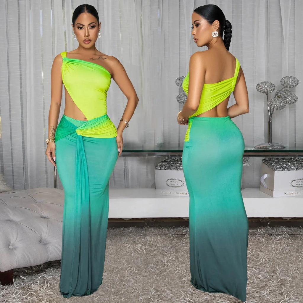 Women's gradient colour long skirt dress with asymmetric cross-shoulder design