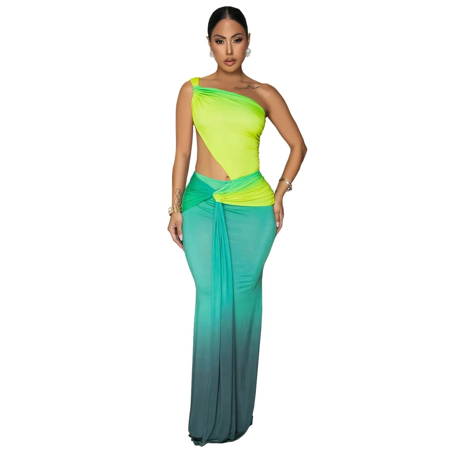 Womans gradient colour dress with oblique shoulder sleeveless design and long skirt.