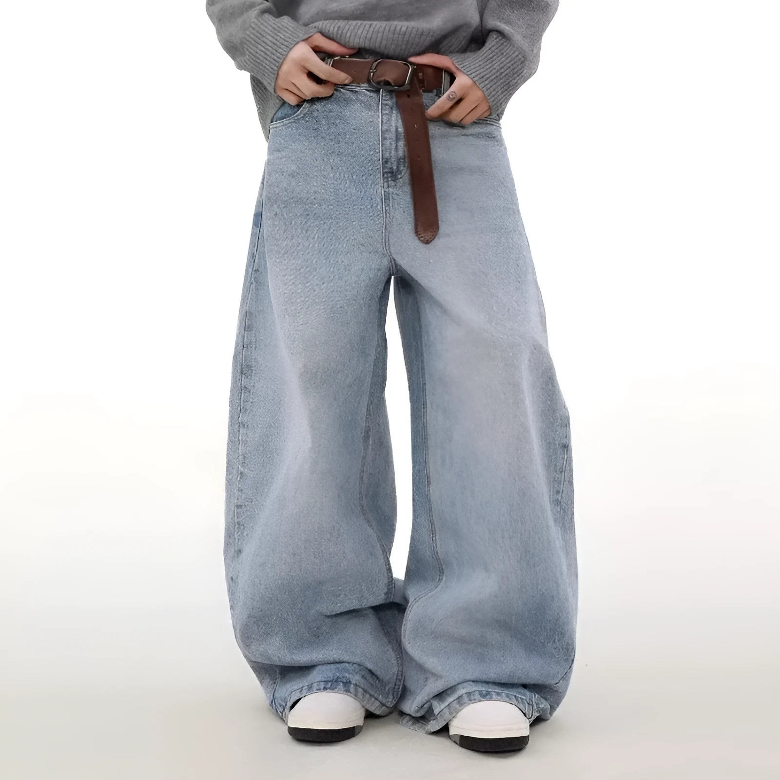 Men's blue straight leg jeans with distressed detailing and micro-elastic fabric
