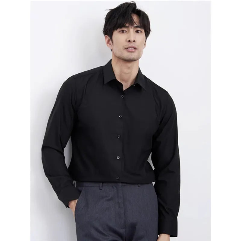 Men's wine red slim fit long sleeve shirt with non-iron fabric on a hanger