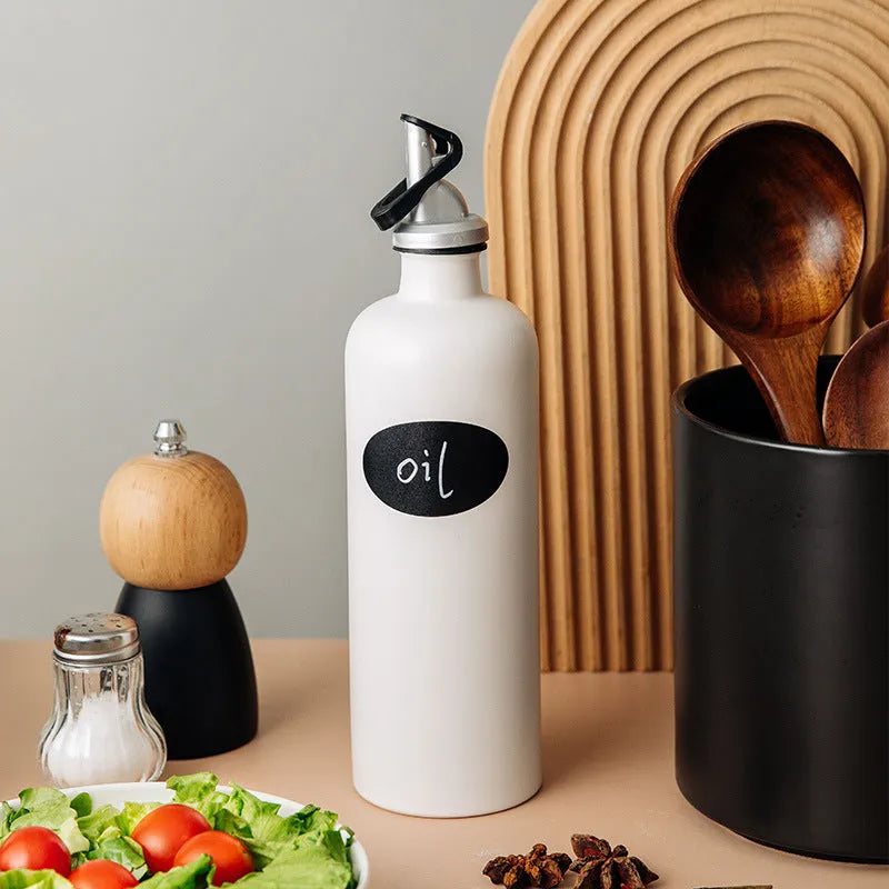 Ceramic oil pot with funnel and brush, 650ml capacity in black, coffee, or white ceramic
