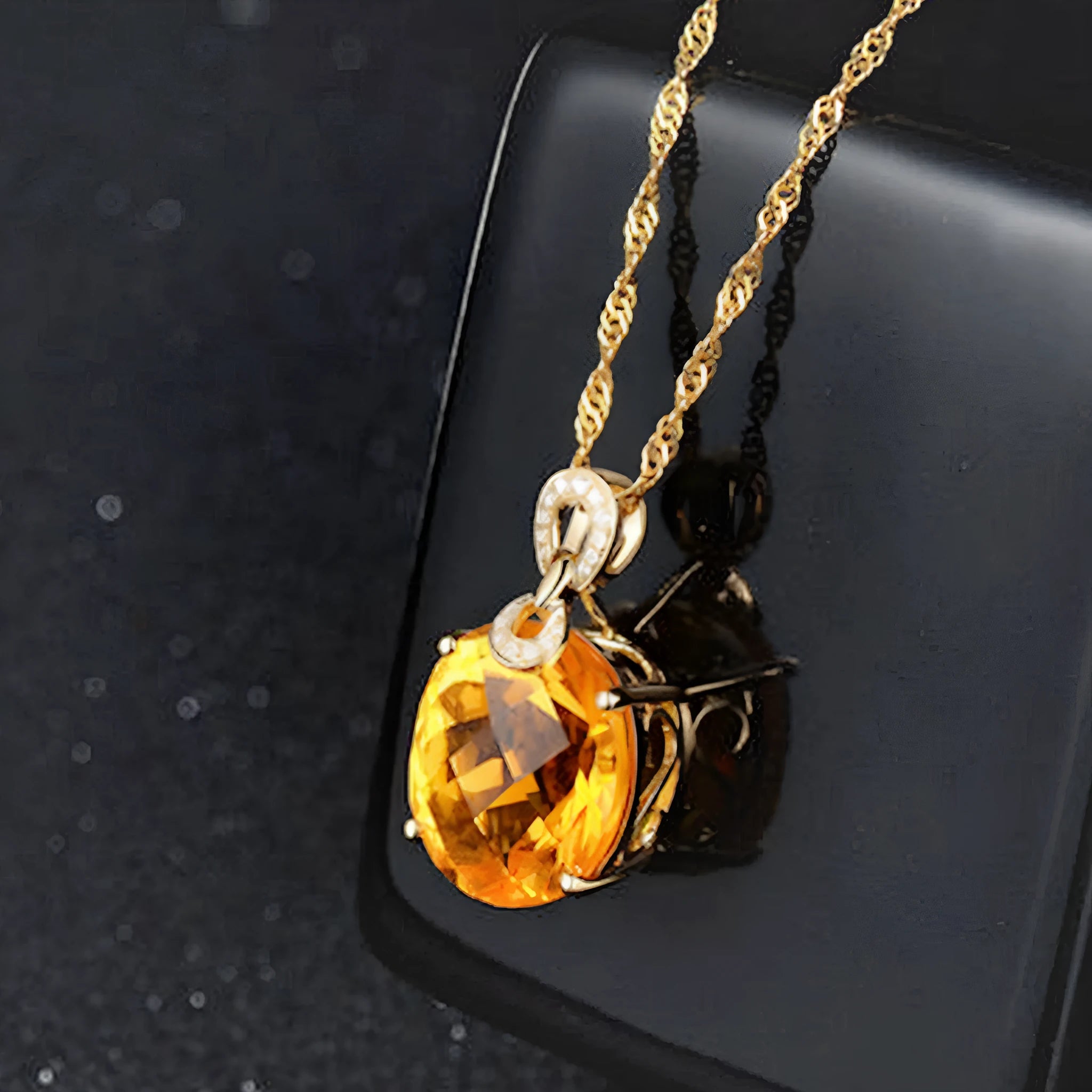 New 8 karat natural citrine pendant in drop shape with copper base and yellow diamond finish