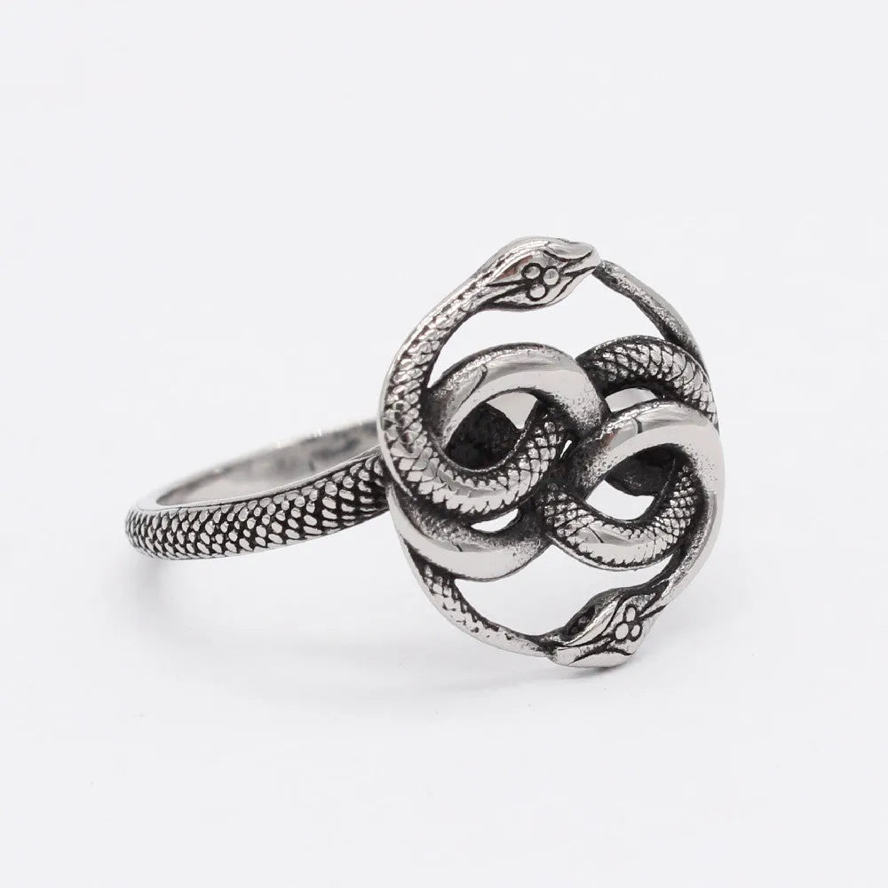 Close-up of a retro double snake coil ring in steel colour titanium steel on a model's hand.