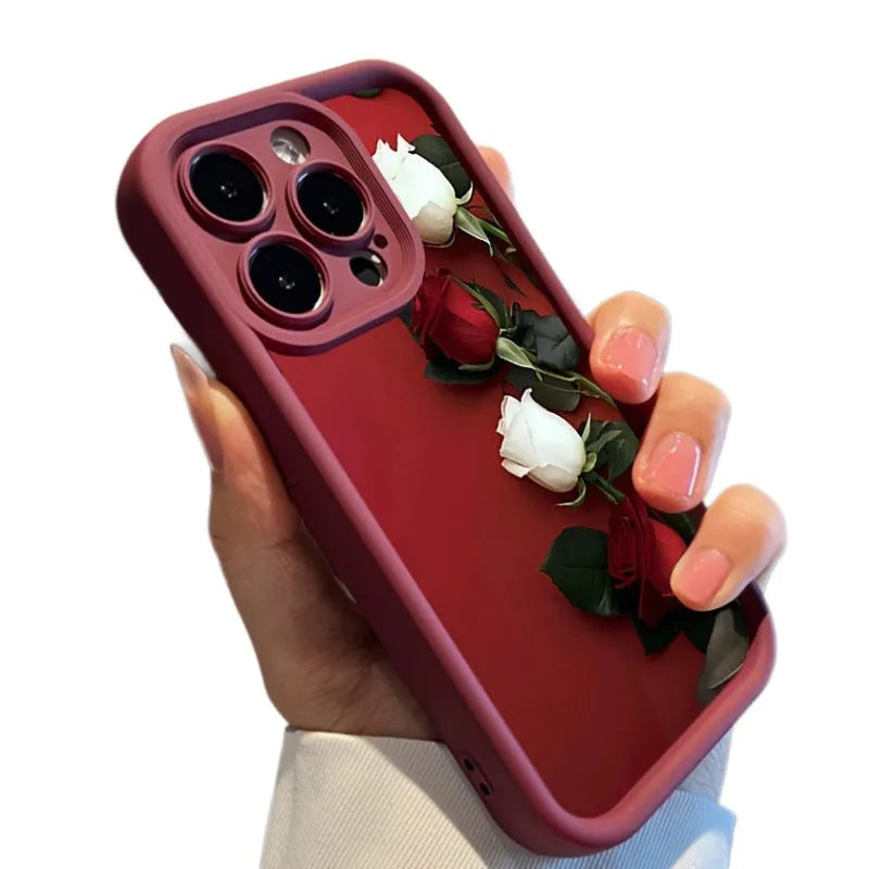 Wine red iPhone case with white rose print and frosted TPU soft shell