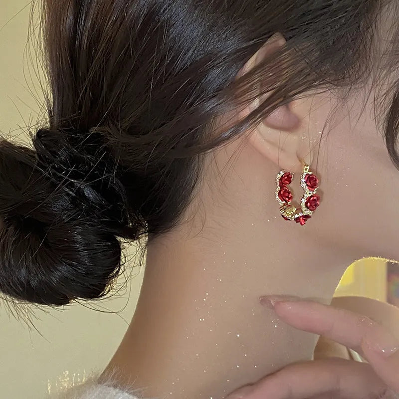 Red rose pattern alloy clip earrings with floral design for non-pierced wear