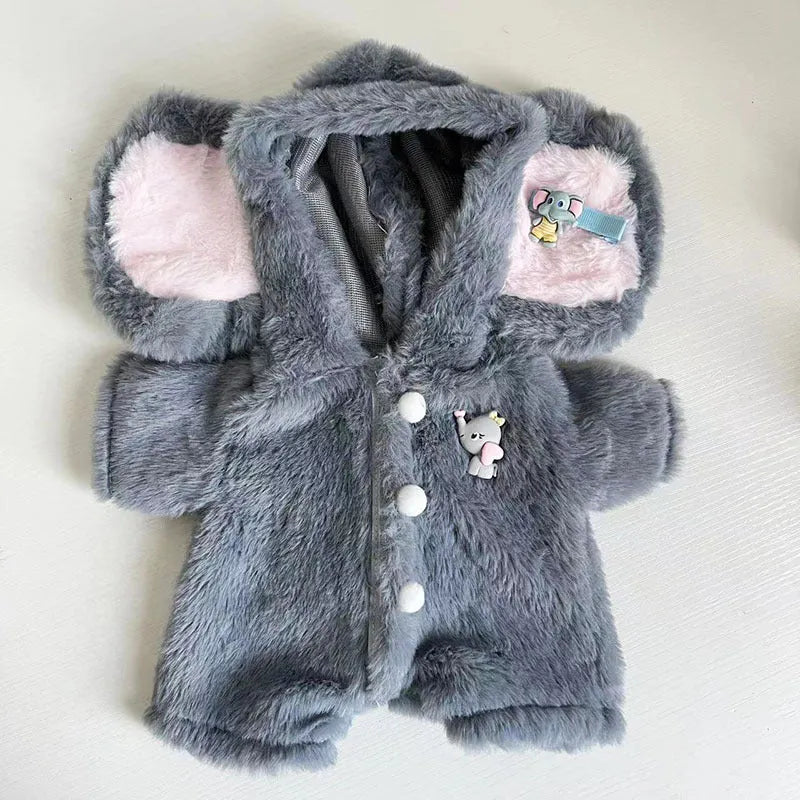 Grey elephant print plush jumpsuit for dressing a 30cm tall teddy bear or Lina bear doll.