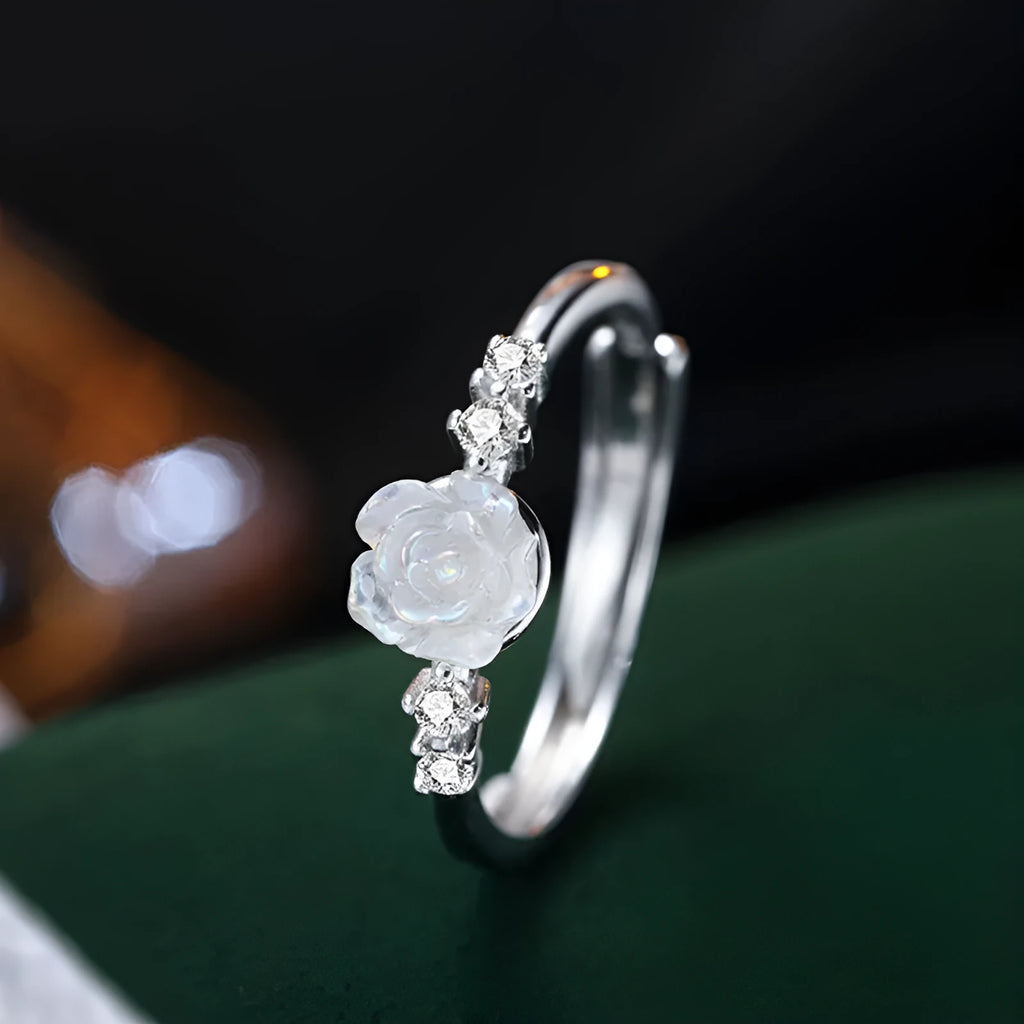 Copper flower ring with rose camellia design and zircon inlay, adjustable opening, 2g weight, available in multiple colours