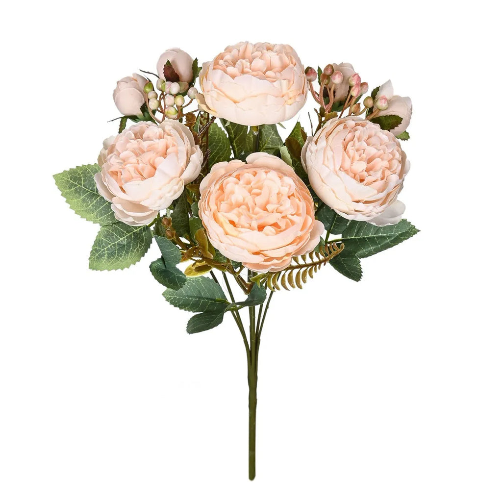 Artificial silk peony bouquet in a vase, showing realistic pink and champagne coloured blooms for home decor.