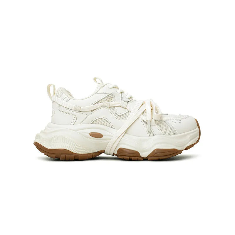 Women's milky white platform running sneakers with round toe and lace-up front