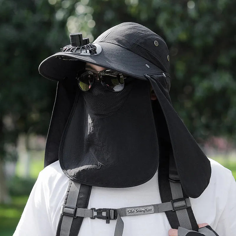 Man's khaki sun hat with wide brim, neck cover, and a visible USB fan module on the front.