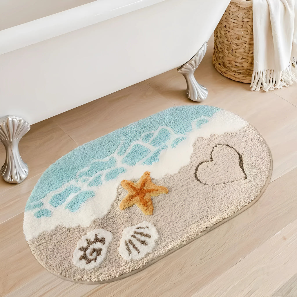 Square rainbow print floor mat with blue tones and a plastic anti-slip backing on a wooden floor.